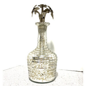 Vintage Mercury Glass Beehive Bottle with Ornate Floral Silvertone Metal Stopper